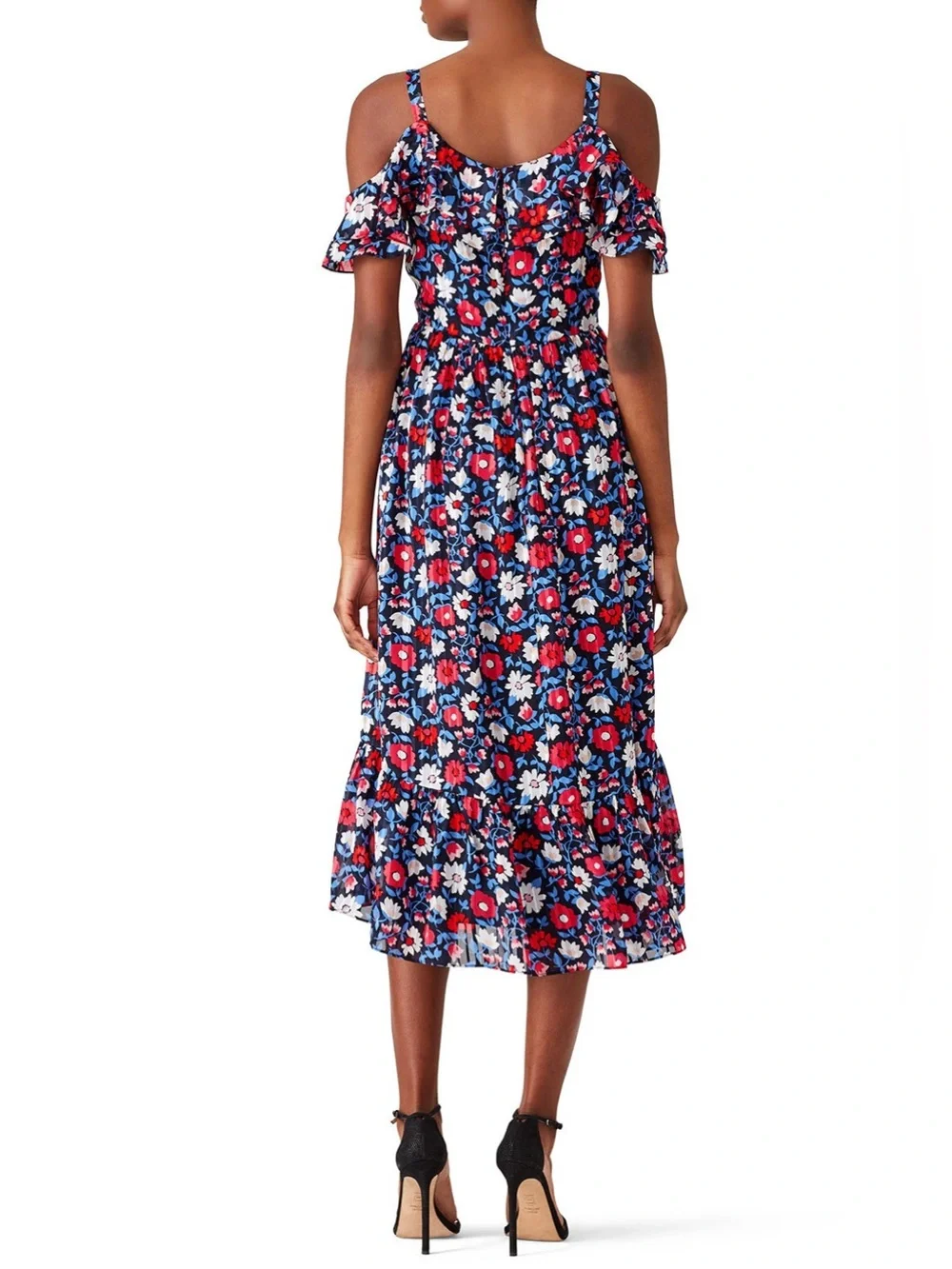 Kate Spade Navy Floral Cold Shoulder Ruffle Midi Dress - Sz 2